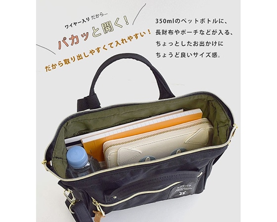 anello(アネロ)ポリエステルキャンバス 口金ファスナー ミニショルダーバッグ ブラック