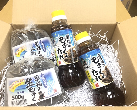 【予約】沖縄伊是名島産早摘み生もずく500g×4個+もずくのタレ×2本セット(プレミアムセット)出荷時期:早割期間中にご購入いただくと7月末~お届け可能です
