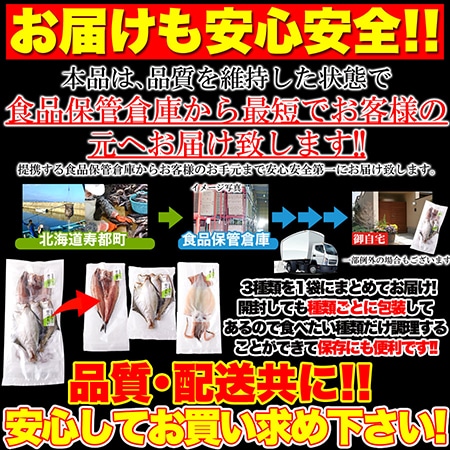 北海道寿都産の新鮮な魚を厳選!!創業百余年!!伝統の一夜干しセット三種(ほっけ・かれい・いか)