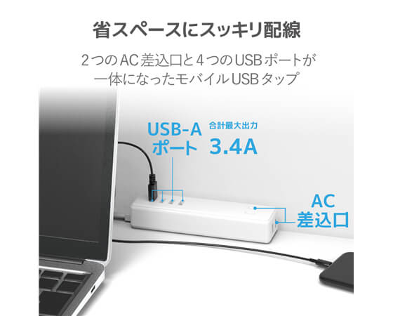 【エレコム】USBタップ USBメス×4 AC×2 ケーブル1.5m 3.4A ホワイト ECT-0415WH